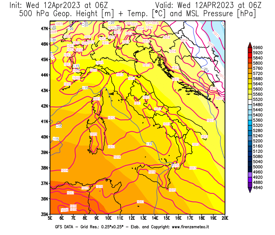 GFS analysi map - Geopotential [m] + Temp. [°C] at 500 hPa + Sea Level Pressure [hPa] in Italy
									on 12/04/2023 06 <!--googleoff: index-->UTC<!--googleon: index-->