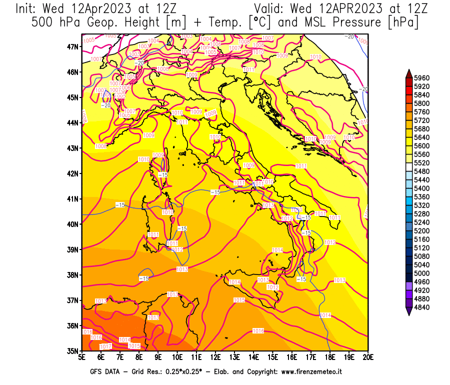 GFS analysi map - Geopotential [m] + Temp. [°C] at 500 hPa + Sea Level Pressure [hPa] in Italy
									on 12/04/2023 12 <!--googleoff: index-->UTC<!--googleon: index-->