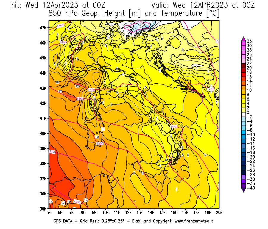 GFS analysi map - Geopotential [m] and Temperature [°C] at 850 hPa in Italy
									on 12/04/2023 00 <!--googleoff: index-->UTC<!--googleon: index-->