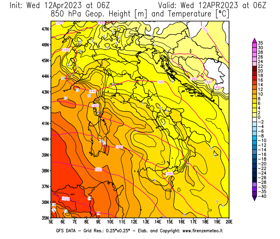 GFS analysi map - Geopotential [m] and Temperature [°C] at 850 hPa in Italy
									on 12/04/2023 06 <!--googleoff: index-->UTC<!--googleon: index-->