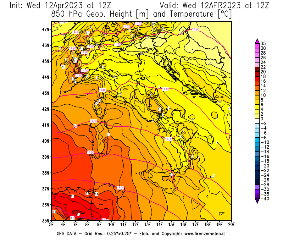 GFS analysi map - Geopotential [m] and Temperature [°C] at 850 hPa in Italy
									on 12/04/2023 12 <!--googleoff: index-->UTC<!--googleon: index-->