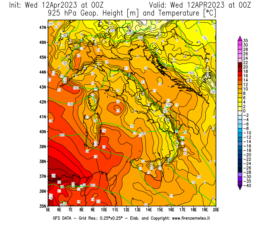 GFS analysi map - Geopotential [m] and Temperature [°C] at 925 hPa in Italy
									on 12/04/2023 00 <!--googleoff: index-->UTC<!--googleon: index-->