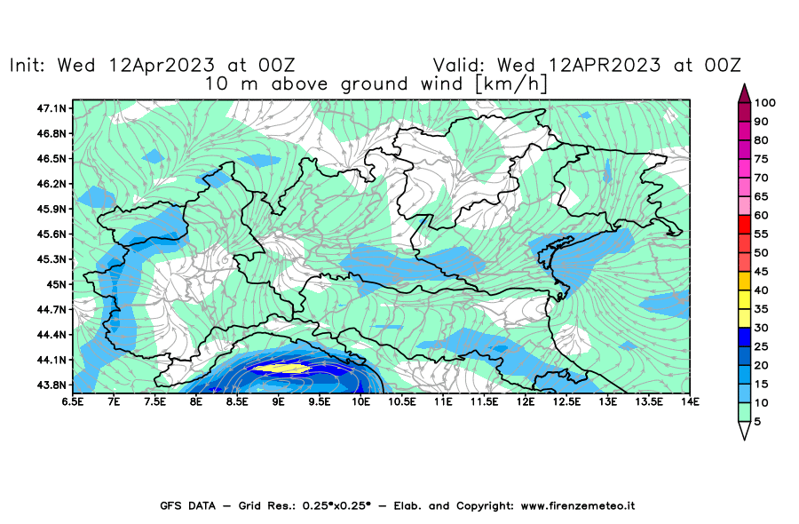 GFS analysi map - Wind Speed at 10 m above ground [km/h] in Northern Italy
									on 12/04/2023 00 <!--googleoff: index-->UTC<!--googleon: index-->