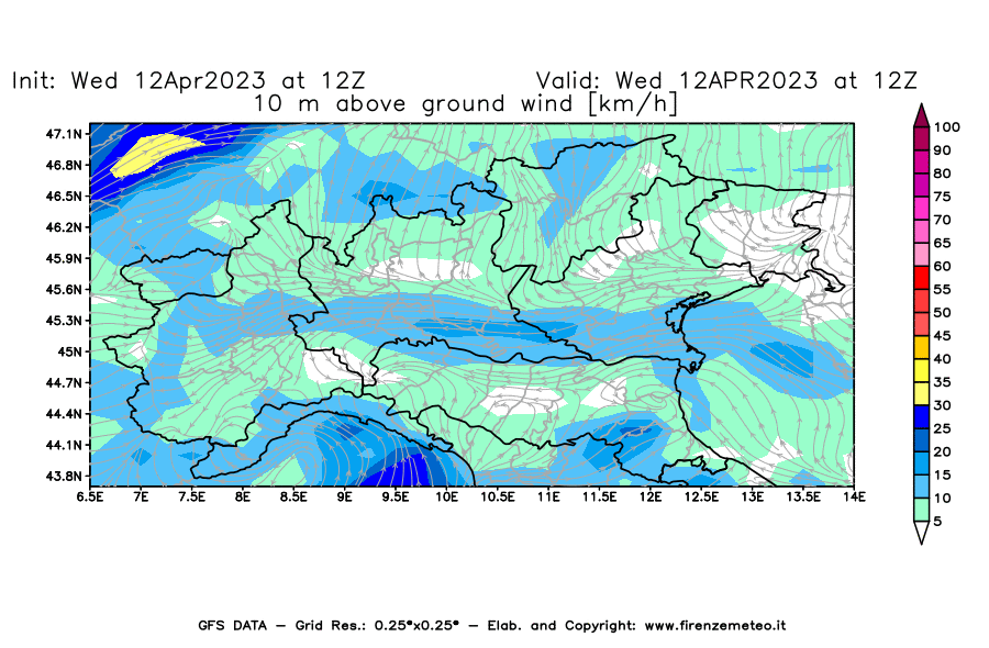 GFS analysi map - Wind Speed at 10 m above ground [km/h] in Northern Italy
									on 12/04/2023 12 <!--googleoff: index-->UTC<!--googleon: index-->