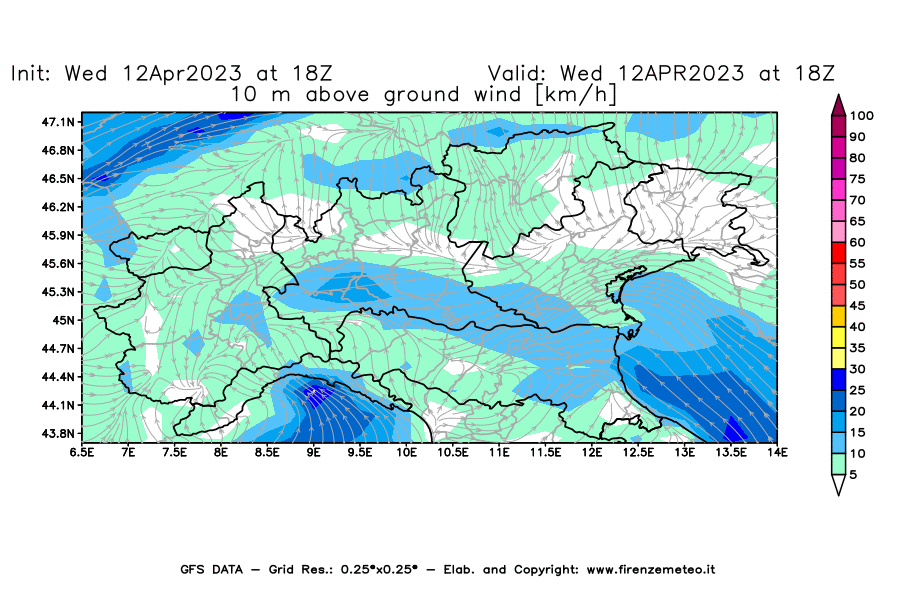 GFS analysi map - Wind Speed at 10 m above ground [km/h] in Northern Italy
									on 12/04/2023 18 <!--googleoff: index-->UTC<!--googleon: index-->