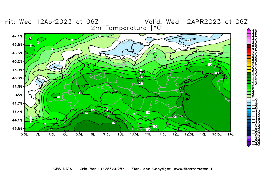 GFS analysi map - Temperature at 2 m above ground [°C] in Northern Italy
									on 12/04/2023 06 <!--googleoff: index-->UTC<!--googleon: index-->