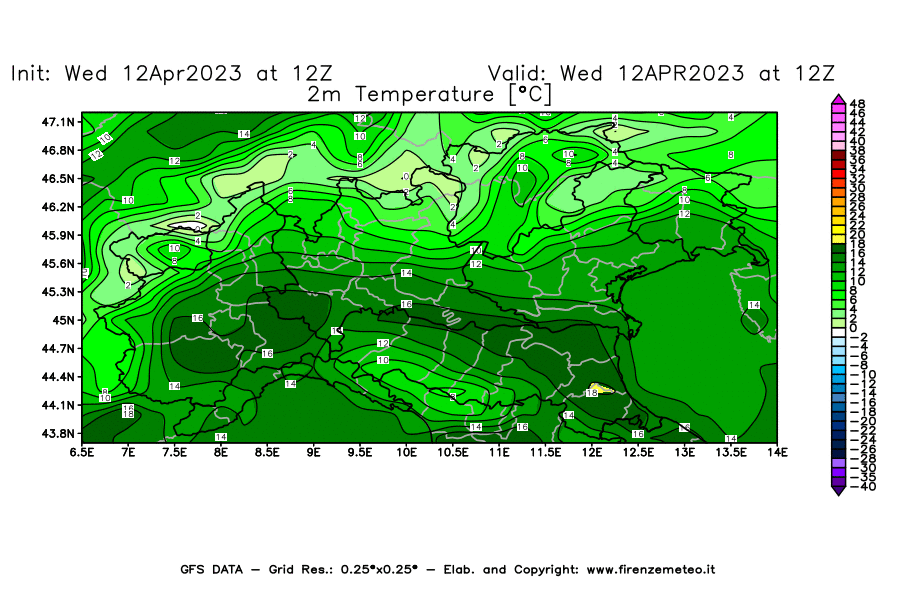 GFS analysi map - Temperature at 2 m above ground [°C] in Northern Italy
									on 12/04/2023 12 <!--googleoff: index-->UTC<!--googleon: index-->