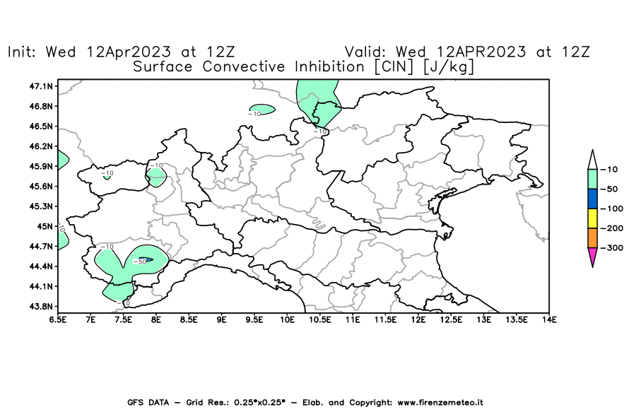 GFS analysi map - CIN [J/kg] in Northern Italy
									on 12/04/2023 12 <!--googleoff: index-->UTC<!--googleon: index-->