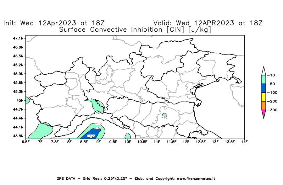 GFS analysi map - CIN [J/kg] in Northern Italy
									on 12/04/2023 18 <!--googleoff: index-->UTC<!--googleon: index-->