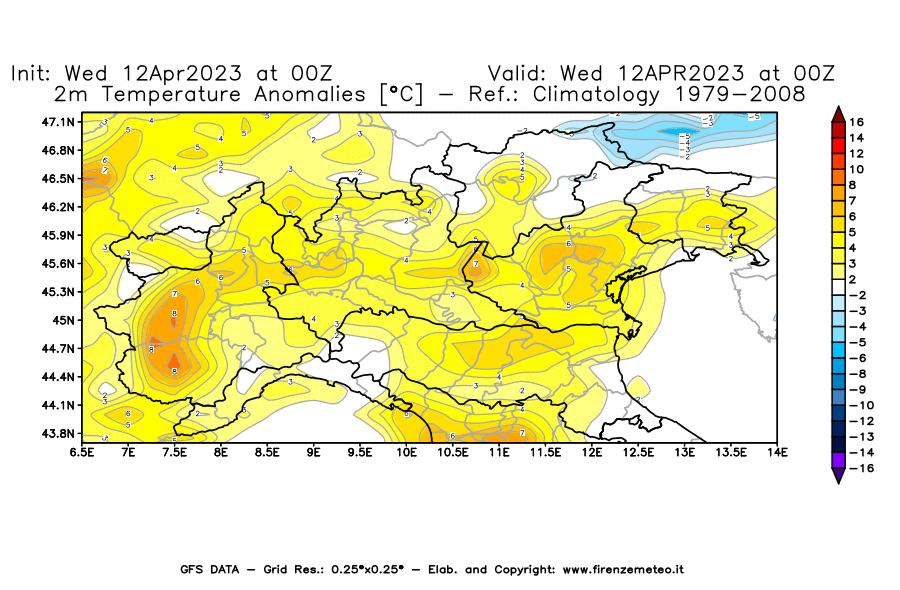 GFS analysi map - Temperature Anomalies [°C] at 2 m in Northern Italy
									on 12/04/2023 00 <!--googleoff: index-->UTC<!--googleon: index-->