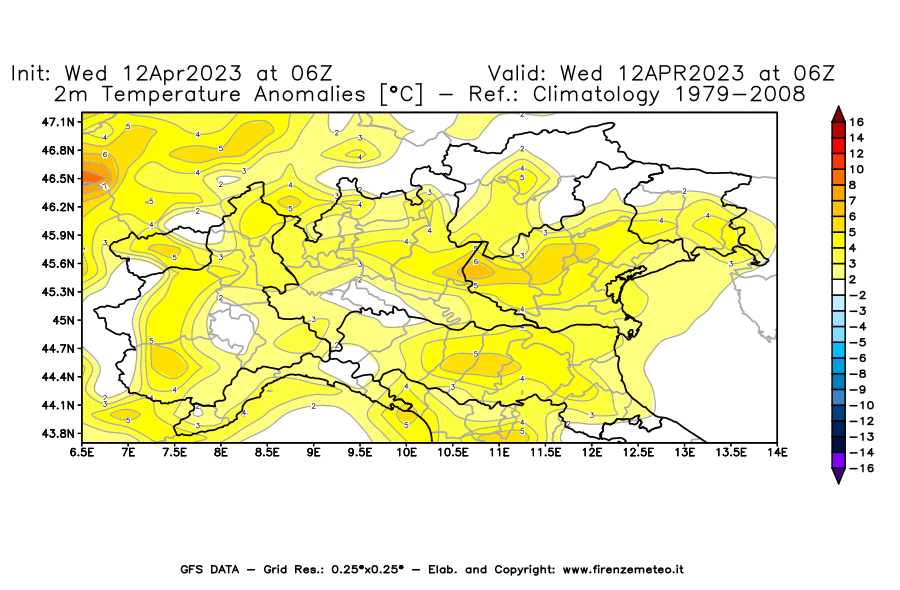 GFS analysi map - Temperature Anomalies [°C] at 2 m in Northern Italy
									on 12/04/2023 06 <!--googleoff: index-->UTC<!--googleon: index-->