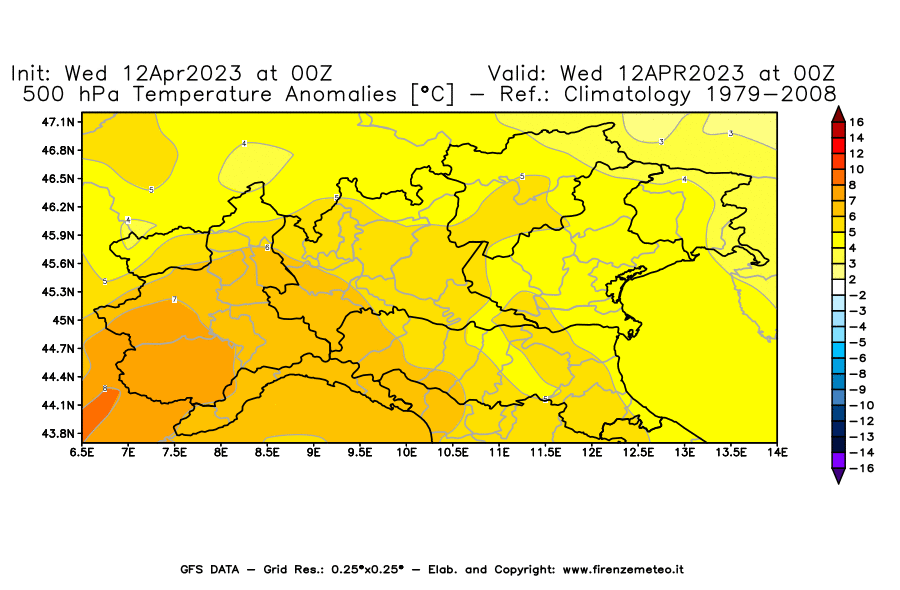 GFS analysi map - Temperature Anomalies [°C] at 500 hPa in Northern Italy
									on 12/04/2023 00 <!--googleoff: index-->UTC<!--googleon: index-->