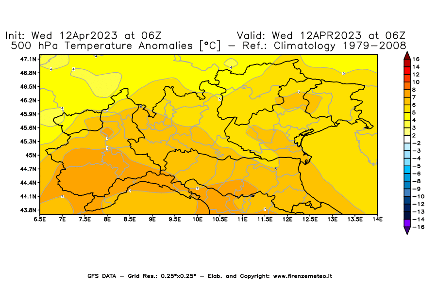 GFS analysi map - Temperature Anomalies [°C] at 500 hPa in Northern Italy
									on 12/04/2023 06 <!--googleoff: index-->UTC<!--googleon: index-->