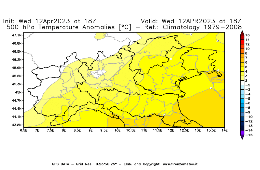 GFS analysi map - Temperature Anomalies [°C] at 500 hPa in Northern Italy
									on 12/04/2023 18 <!--googleoff: index-->UTC<!--googleon: index-->