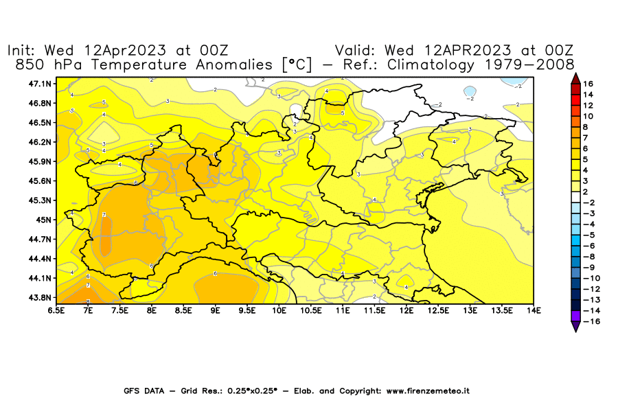 GFS analysi map - Temperature Anomalies [°C] at 850 hPa in Northern Italy
									on 12/04/2023 00 <!--googleoff: index-->UTC<!--googleon: index-->