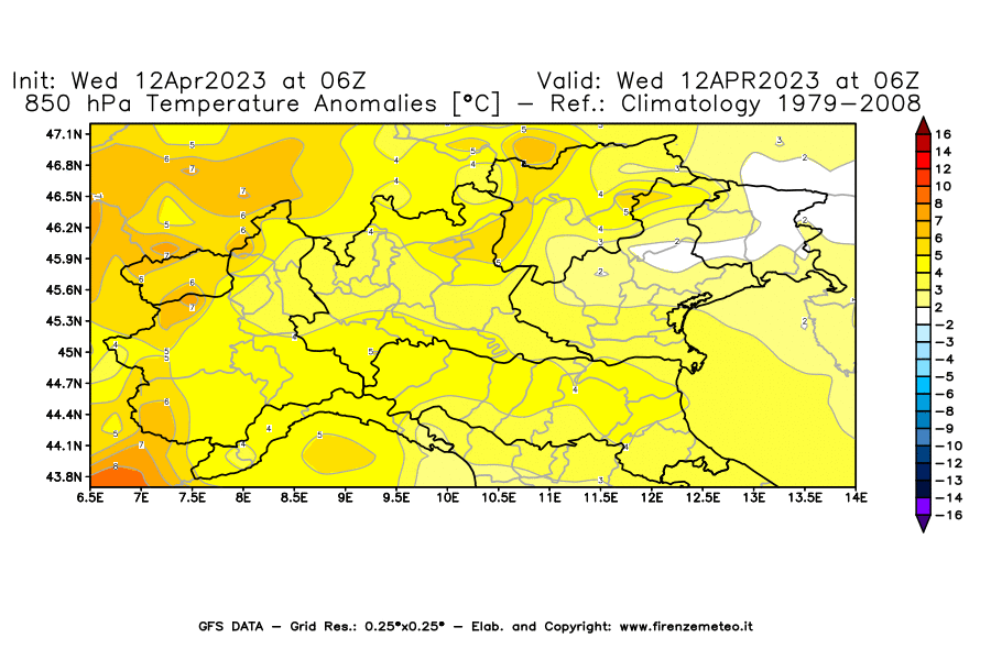 GFS analysi map - Temperature Anomalies [°C] at 850 hPa in Northern Italy
									on 12/04/2023 06 <!--googleoff: index-->UTC<!--googleon: index-->