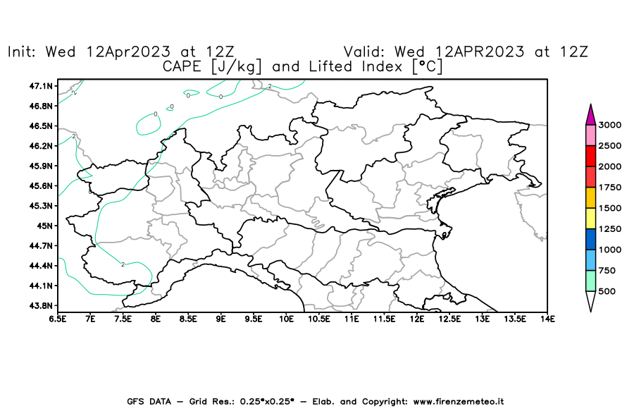 GFS analysi map - CAPE [J/kg] and Lifted Index [°C] in Northern Italy
									on 12/04/2023 12 <!--googleoff: index-->UTC<!--googleon: index-->