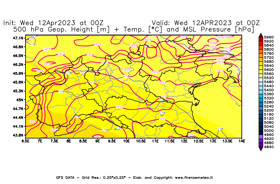GFS analysi map - Geopotential [m] + Temp. [°C] at 500 hPa + Sea Level Pressure [hPa] in Northern Italy
									on 12/04/2023 00 <!--googleoff: index-->UTC<!--googleon: index-->