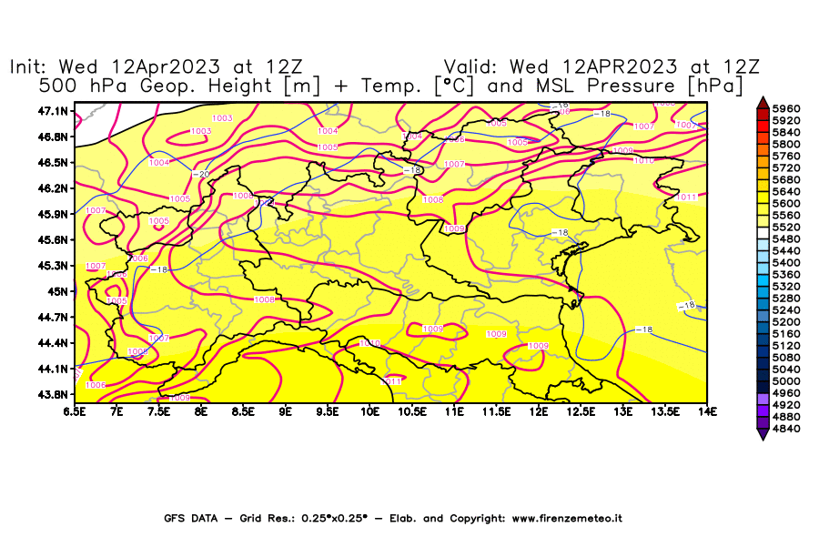 GFS analysi map - Geopotential [m] + Temp. [°C] at 500 hPa + Sea Level Pressure [hPa] in Northern Italy
									on 12/04/2023 12 <!--googleoff: index-->UTC<!--googleon: index-->