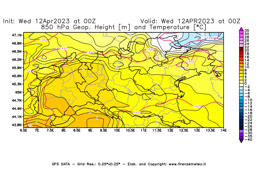 GFS analysi map - Geopotential [m] and Temperature [°C] at 850 hPa in Northern Italy
									on 12/04/2023 00 <!--googleoff: index-->UTC<!--googleon: index-->