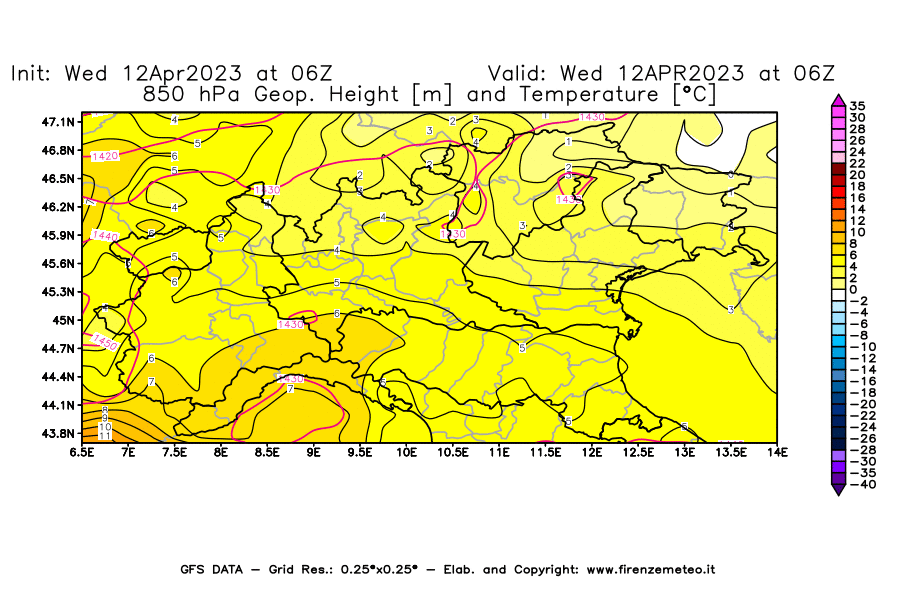 GFS analysi map - Geopotential [m] and Temperature [°C] at 850 hPa in Northern Italy
									on 12/04/2023 06 <!--googleoff: index-->UTC<!--googleon: index-->