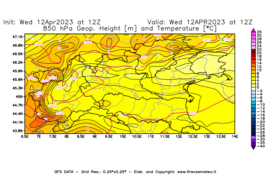 GFS analysi map - Geopotential [m] and Temperature [°C] at 850 hPa in Northern Italy
									on 12/04/2023 12 <!--googleoff: index-->UTC<!--googleon: index-->