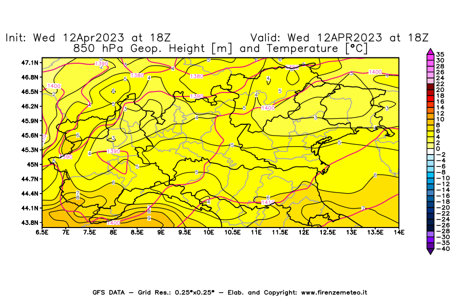 GFS analysi map - Geopotential [m] and Temperature [°C] at 850 hPa in Northern Italy
									on 12/04/2023 18 <!--googleoff: index-->UTC<!--googleon: index-->