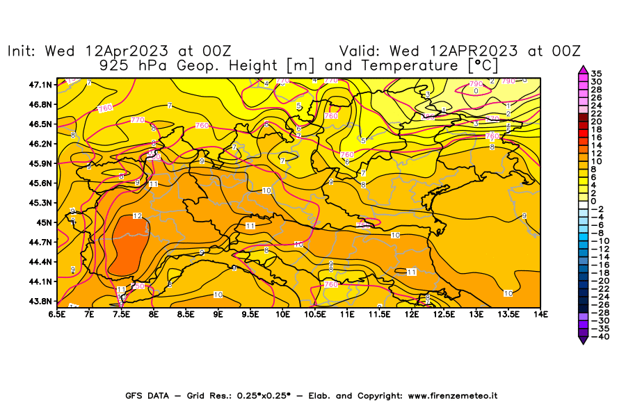 GFS analysi map - Geopotential [m] and Temperature [°C] at 925 hPa in Northern Italy
									on 12/04/2023 00 <!--googleoff: index-->UTC<!--googleon: index-->