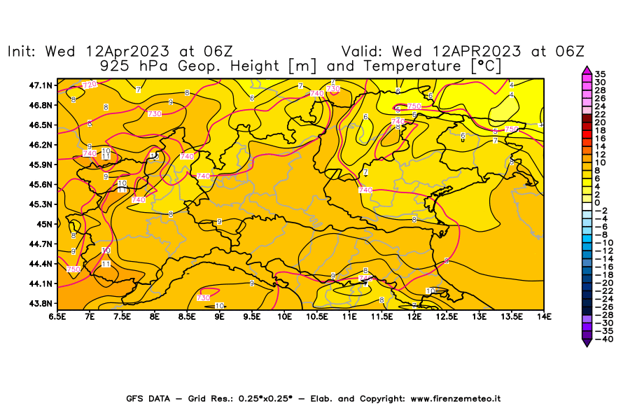 GFS analysi map - Geopotential [m] and Temperature [°C] at 925 hPa in Northern Italy
									on 12/04/2023 06 <!--googleoff: index-->UTC<!--googleon: index-->
