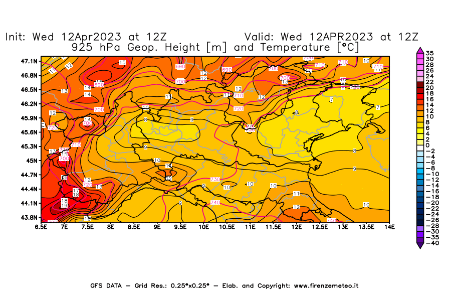 GFS analysi map - Geopotential [m] and Temperature [°C] at 925 hPa in Northern Italy
									on 12/04/2023 12 <!--googleoff: index-->UTC<!--googleon: index-->