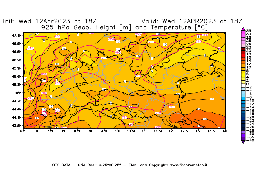 GFS analysi map - Geopotential [m] and Temperature [°C] at 925 hPa in Northern Italy
									on 12/04/2023 18 <!--googleoff: index-->UTC<!--googleon: index-->