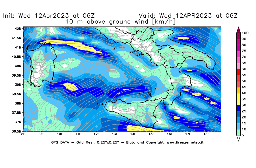 GFS analysi map - Wind Speed at 10 m above ground [km/h] in Southern Italy
									on 12/04/2023 06 <!--googleoff: index-->UTC<!--googleon: index-->