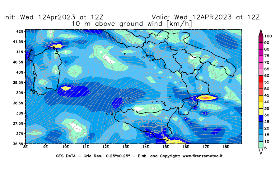 GFS analysi map - Wind Speed at 10 m above ground [km/h] in Southern Italy
									on 12/04/2023 12 <!--googleoff: index-->UTC<!--googleon: index-->