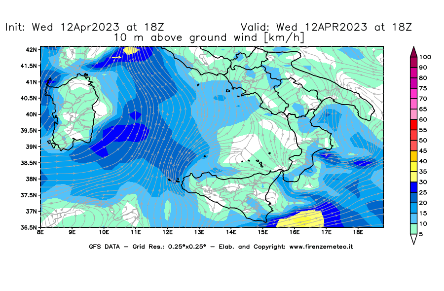 GFS analysi map - Wind Speed at 10 m above ground [km/h] in Southern Italy
									on 12/04/2023 18 <!--googleoff: index-->UTC<!--googleon: index-->