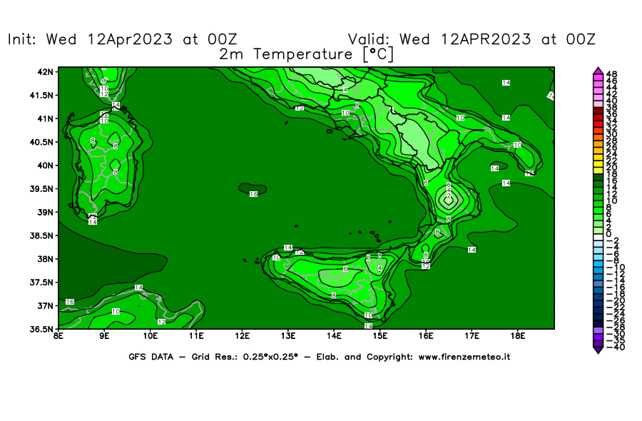 GFS analysi map - Temperature at 2 m above ground [°C] in Southern Italy
									on 12/04/2023 00 <!--googleoff: index-->UTC<!--googleon: index-->