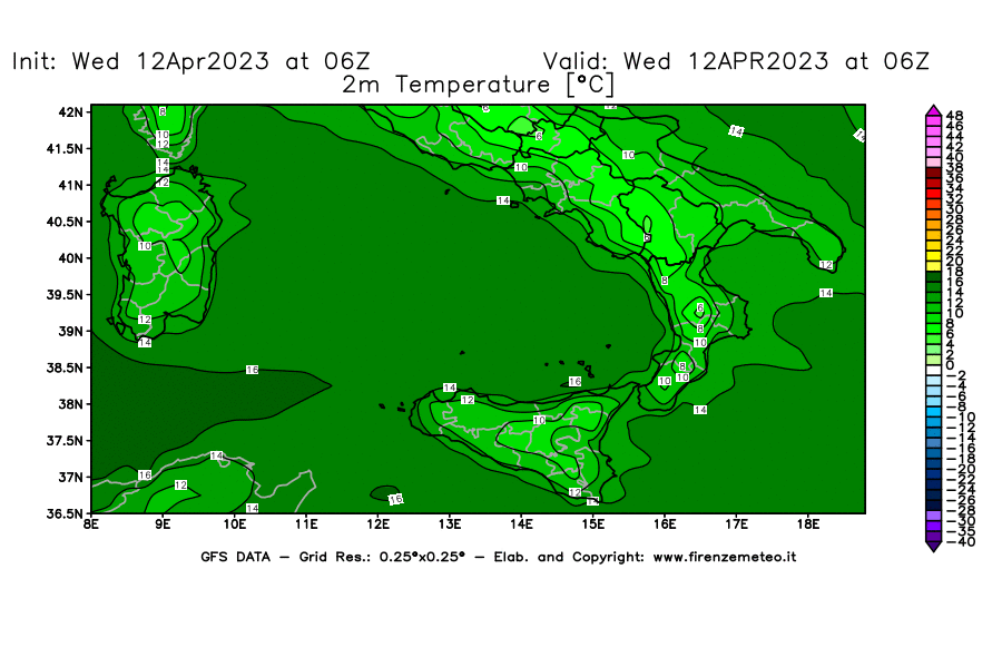 GFS analysi map - Temperature at 2 m above ground [°C] in Southern Italy
									on 12/04/2023 06 <!--googleoff: index-->UTC<!--googleon: index-->