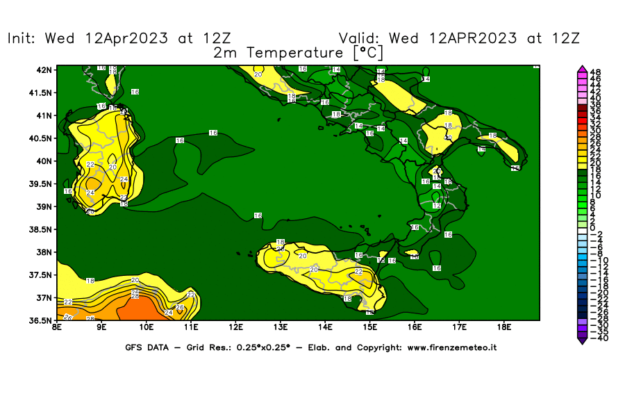 GFS analysi map - Temperature at 2 m above ground [°C] in Southern Italy
									on 12/04/2023 12 <!--googleoff: index-->UTC<!--googleon: index-->