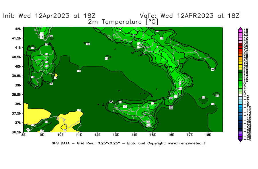 GFS analysi map - Temperature at 2 m above ground [°C] in Southern Italy
									on 12/04/2023 18 <!--googleoff: index-->UTC<!--googleon: index-->