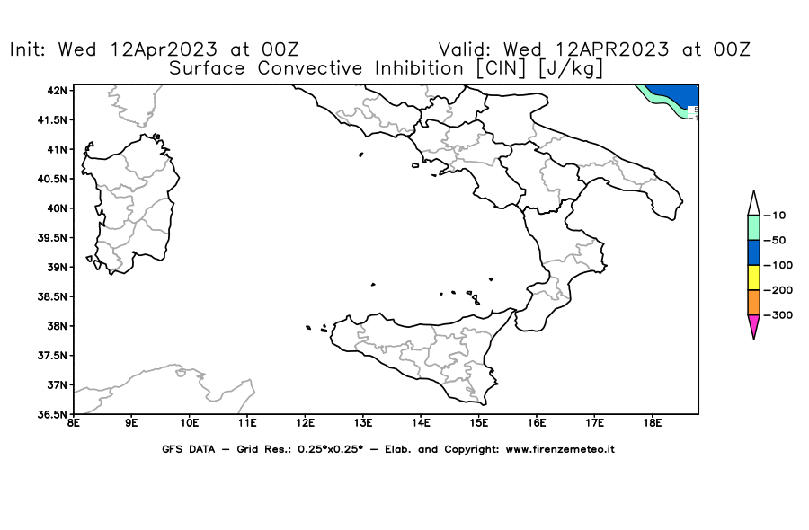GFS analysi map - CIN [J/kg] in Southern Italy
									on 12/04/2023 00 <!--googleoff: index-->UTC<!--googleon: index-->