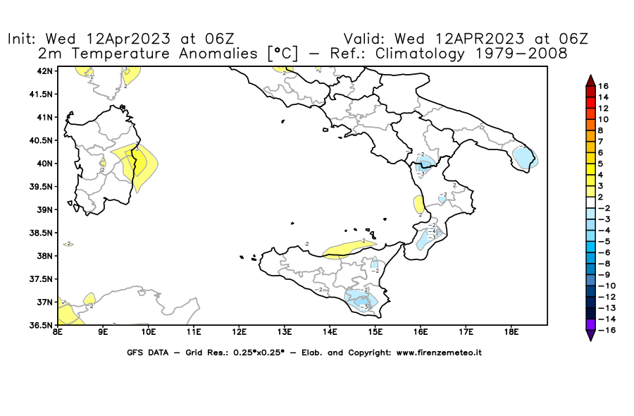 GFS analysi map - Temperature Anomalies [°C] at 2 m in Southern Italy
									on 12/04/2023 06 <!--googleoff: index-->UTC<!--googleon: index-->