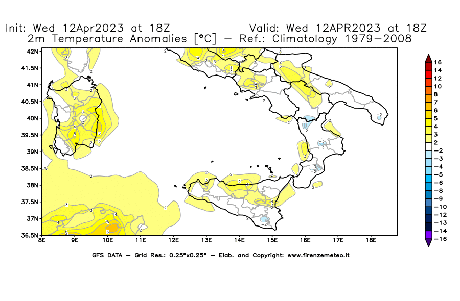 GFS analysi map - Temperature Anomalies [°C] at 2 m in Southern Italy
									on 12/04/2023 18 <!--googleoff: index-->UTC<!--googleon: index-->