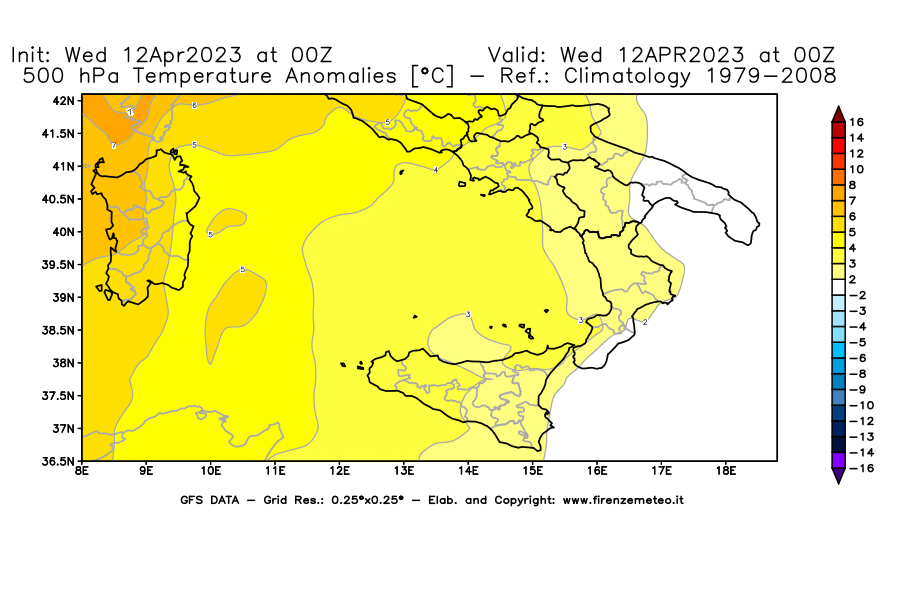 GFS analysi map - Temperature Anomalies [°C] at 500 hPa in Southern Italy
									on 12/04/2023 00 <!--googleoff: index-->UTC<!--googleon: index-->