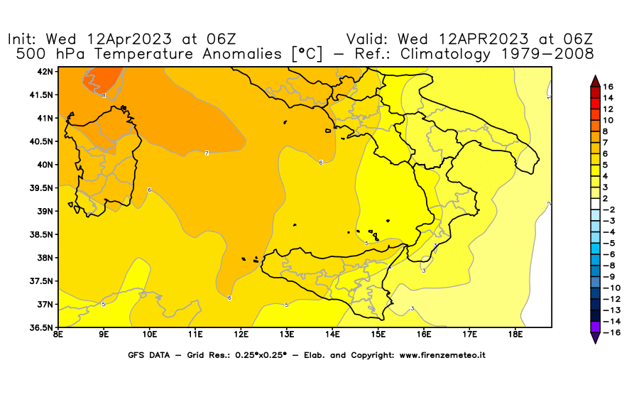 GFS analysi map - Temperature Anomalies [°C] at 500 hPa in Southern Italy
									on 12/04/2023 06 <!--googleoff: index-->UTC<!--googleon: index-->
