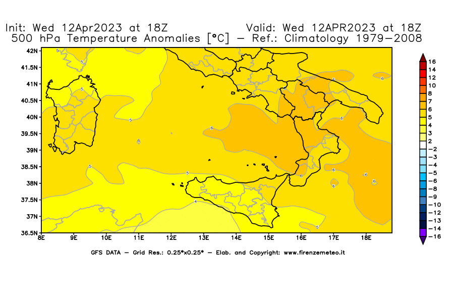 GFS analysi map - Temperature Anomalies [°C] at 500 hPa in Southern Italy
									on 12/04/2023 18 <!--googleoff: index-->UTC<!--googleon: index-->