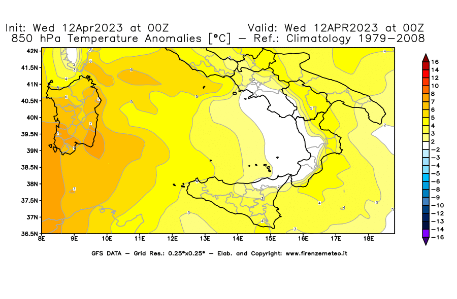 GFS analysi map - Temperature Anomalies [°C] at 850 hPa in Southern Italy
									on 12/04/2023 00 <!--googleoff: index-->UTC<!--googleon: index-->