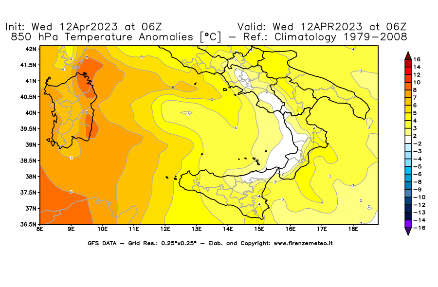 GFS analysi map - Temperature Anomalies [°C] at 850 hPa in Southern Italy
									on 12/04/2023 06 <!--googleoff: index-->UTC<!--googleon: index-->