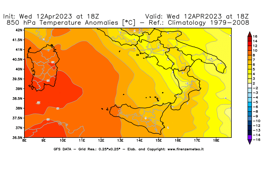 GFS analysi map - Temperature Anomalies [°C] at 850 hPa in Southern Italy
									on 12/04/2023 18 <!--googleoff: index-->UTC<!--googleon: index-->