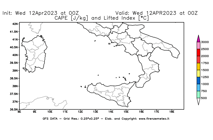 GFS analysi map - CAPE [J/kg] and Lifted Index [°C] in Southern Italy
									on 12/04/2023 00 <!--googleoff: index-->UTC<!--googleon: index-->