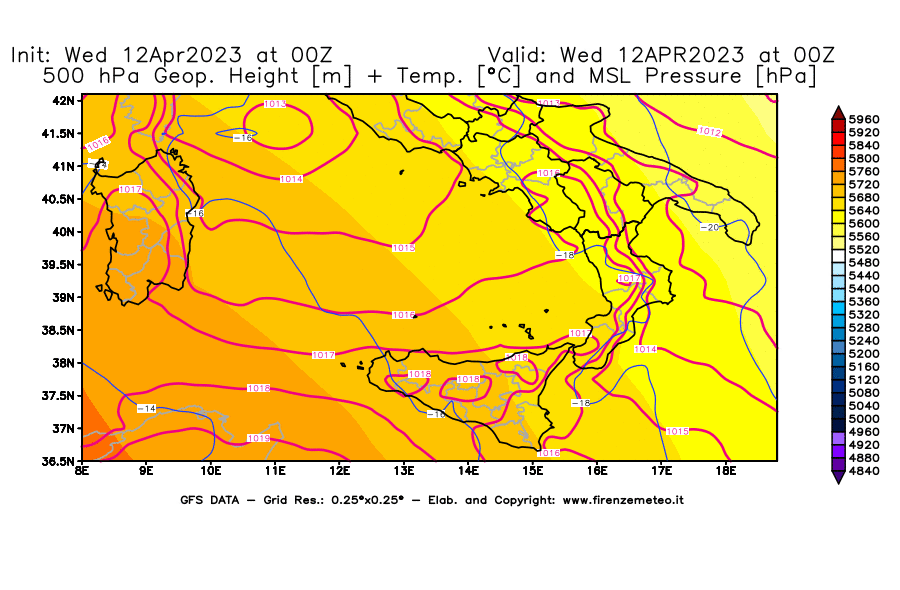 GFS analysi map - Geopotential [m] + Temp. [°C] at 500 hPa + Sea Level Pressure [hPa] in Southern Italy
									on 12/04/2023 00 <!--googleoff: index-->UTC<!--googleon: index-->