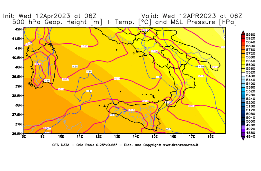 GFS analysi map - Geopotential [m] + Temp. [°C] at 500 hPa + Sea Level Pressure [hPa] in Southern Italy
									on 12/04/2023 06 <!--googleoff: index-->UTC<!--googleon: index-->